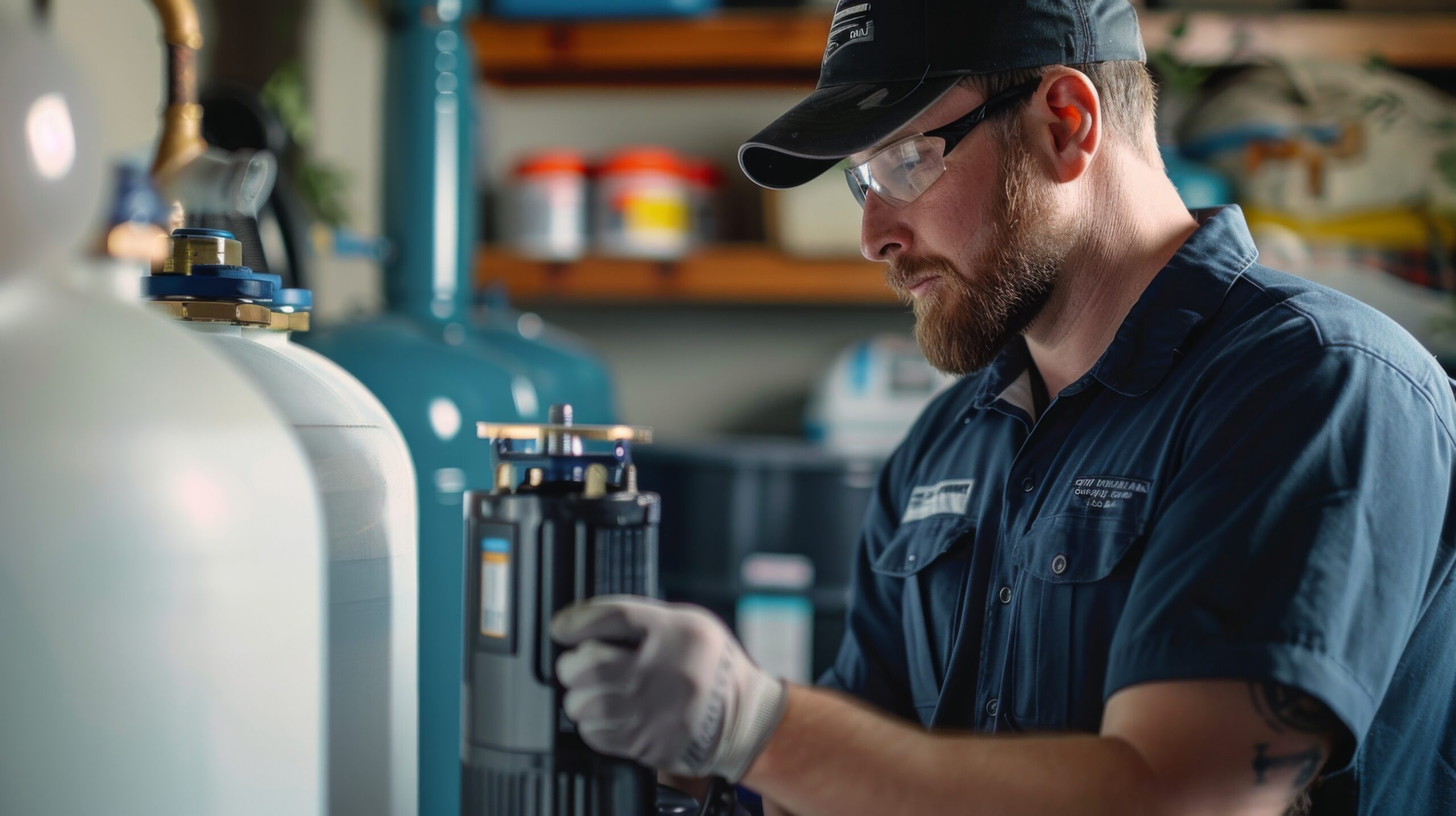 A plumber adjusting a water softener system in a family home.